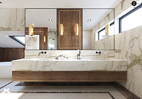 ZEN | Elegancki dom - Średnia na poddaszu z dwoma umywalkami łazienka z oknem, styl nowoczesny - zdjęcie od ZEN Interiors
