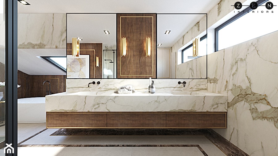 ZEN | Elegancki dom - Średnia na poddaszu z dwoma umywalkami łazienka z oknem, styl nowoczesny - zdjęcie od ZEN Interiors