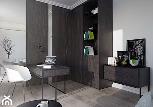 Duże w osobnym pomieszczeniu z sofą z zabudowanym biurkiem szare biuro, styl tradycyjny - zdjęcie od ZEN Interiors