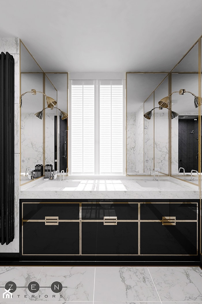 ŁAZIENKA W STYLU ART DECO - Z lustrem z dwoma umywalkami z marmurową podłogą łazienka z oknem, styl glamour - zdjęcie od ZEN Interiors - Homebook