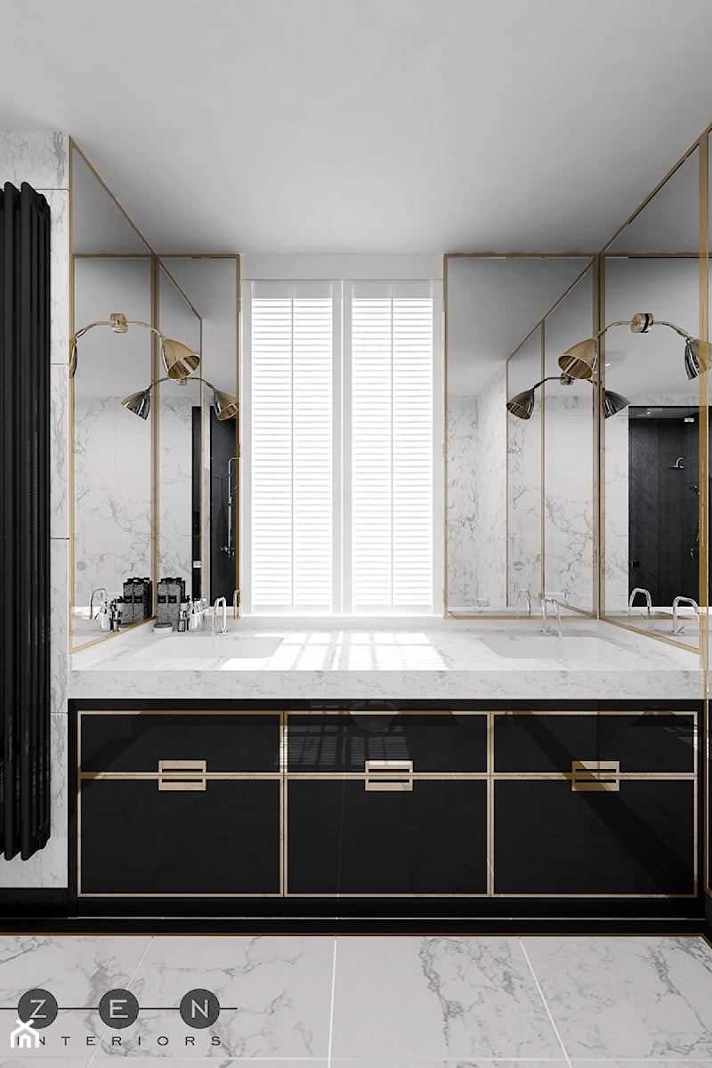 ŁAZIENKA W STYLU ART DECO - Z lustrem z dwoma umywalkami z marmurową podłogą łazienka z oknem, styl glamour - zdjęcie od ZEN Interiors