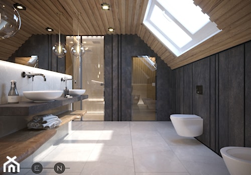 DOM / RADZYMIN - Duża na poddaszu z lustrem z dwoma umywalkami z punktowym oświetleniem łazienka z oknem, styl industrialny - zdjęcie od ZEN Interiors