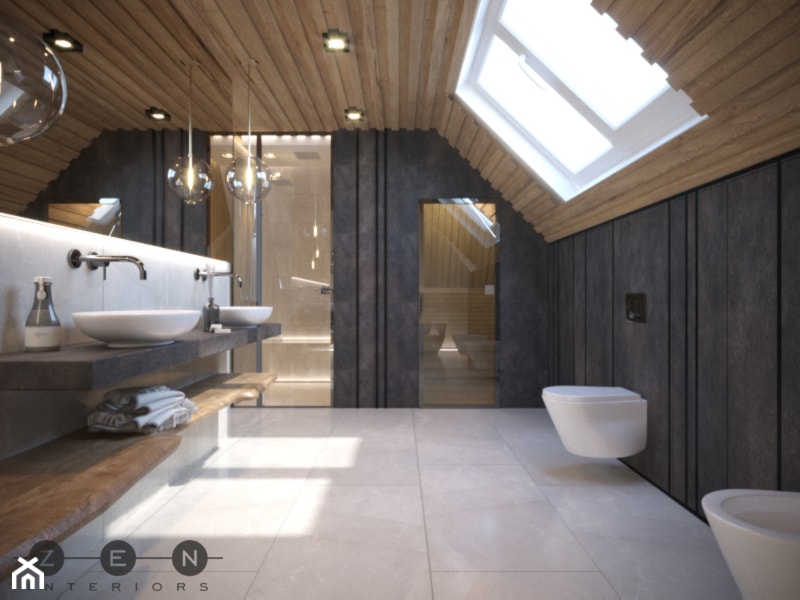 DOM / RADZYMIN - Duża na poddaszu z lustrem z dwoma umywalkami z punktowym oświetleniem łazienka z oknem, styl industrialny - zdjęcie od ZEN Interiors