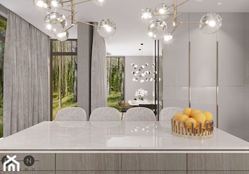 DOM / MAGDALENKA - Średnia otwarta szara z zabudowaną lodówką kuchnia jednorzędowa z wyspą lub półwyspem z oknem, styl glamour - zdjęcie od ZEN Interiors