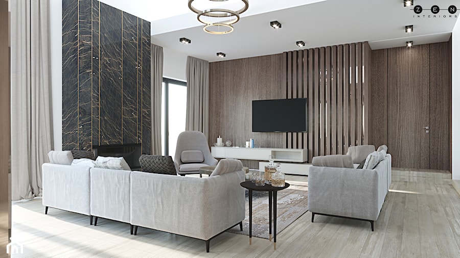ZEN | Elegancki dom - Duży biały brązowy czarny salon, styl nowoczesny - zdjęcie od ZEN Interiors
