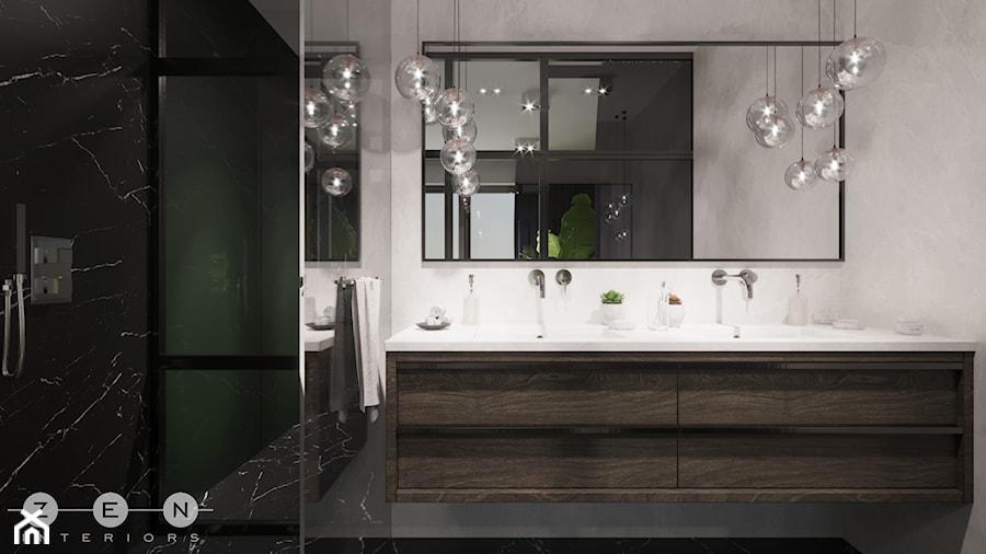 APARTAMENT / PRZEMYŚL - Średnia bez okna z lustrem z dwoma umywalkami z marmurową podłogą z punktowym oświetleniem łazienka, styl glamour - zdjęcie od ZEN Interiors
