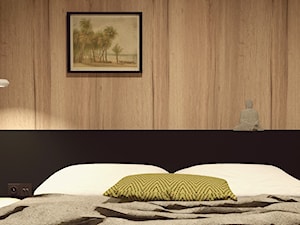 Sypialnia z drewnianą ścianą - zdjęcie od BE. design studio