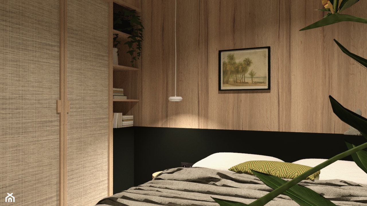 Sypialnia z drewnianą ścianą - zdjęcie od BE. design studio - Homebook