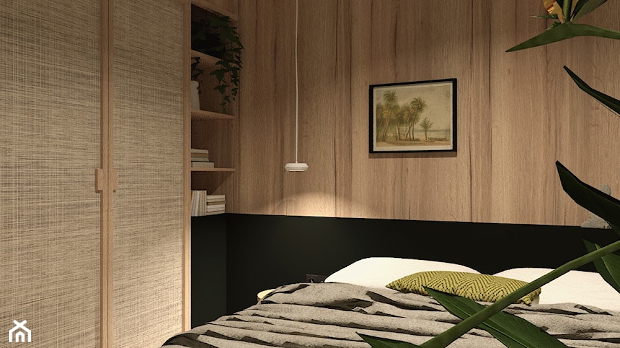 Sypialnia z drewnianą ścianą - zdjęcie od BE. design studio