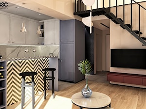Mieszkanie z antresolą - Średnia otwarta z salonem z kamiennym blatem szara z zabudowaną lodówką kuchnia w kształcie litery l z wyspą lub półwyspem z marmurem nad blatem kuchennym, styl nowoczesny - zdjęcie od BscProjekt
