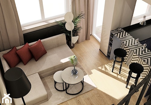 Mieszkanie z antresolą - Mały szary salon z kuchnią z jadalnią, styl nowoczesny - zdjęcie od BscProjekt