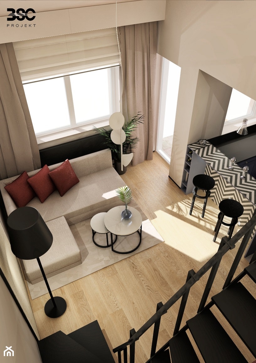 Mieszkanie z antresolą - Mały szary salon z kuchnią z jadalnią, styl nowoczesny - zdjęcie od BscProjekt