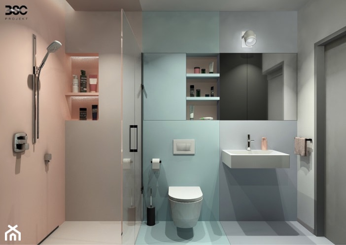 Parterowy dom jednorodzinny - Średnia bez okna z lustrem łazienka, styl minimalistyczny - zdjęcie od BscProjekt