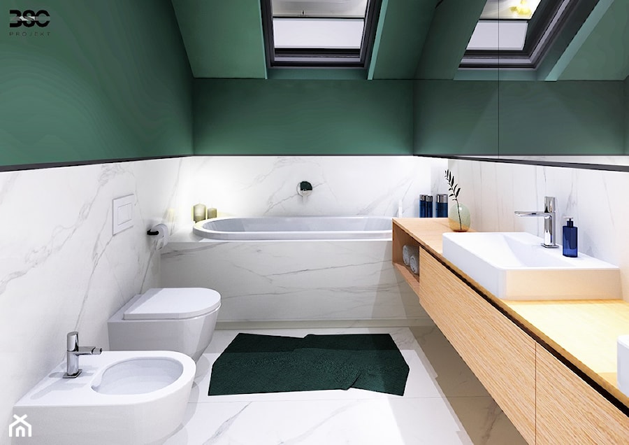 Wnętrza domu o pow. 170 m2 - Średnia na poddaszu z lustrem z dwoma umywalkami z marmurową podłogą łazienka z oknem, styl nowoczesny - zdjęcie od BscProjekt
