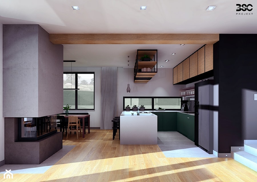 Wnętrza domu o pow. 170 m2 - Średnia otwarta z salonem biała szara z zabudowaną lodówką z lodówką wolnostojącą kuchnia w kształcie litery u z oknem, styl nowoczesny - zdjęcie od BscProjekt