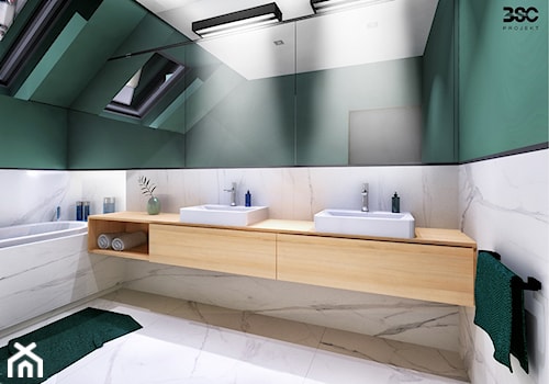 Wnętrza domu o pow. 170 m2 - Średnia na poddaszu z lustrem z dwoma umywalkami z marmurową podłogą z punktowym oświetleniem łazienka z oknem, styl nowoczesny - zdjęcie od BscProjekt