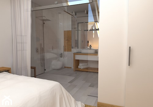 Dwupoziomowy apartament w Gdyni - Średnia na poddaszu z lustrem z punktowym oświetleniem łazienka z oknem, styl minimalistyczny - zdjęcie od CHATANOWA