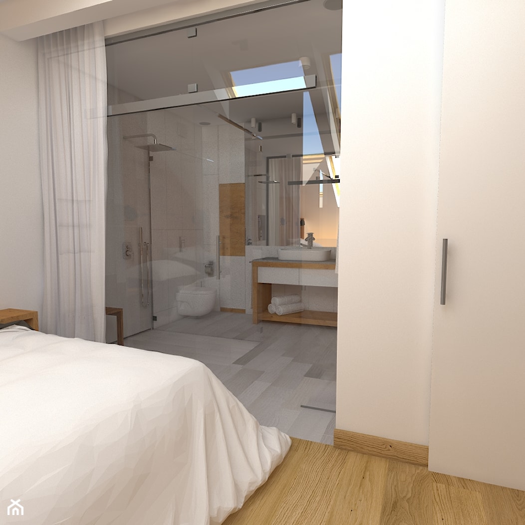 Dwupoziomowy apartament w Gdyni - Średnia na poddaszu z lustrem z punktowym oświetleniem łazienka z oknem, styl minimalistyczny - zdjęcie od CHATANOWA - Homebook