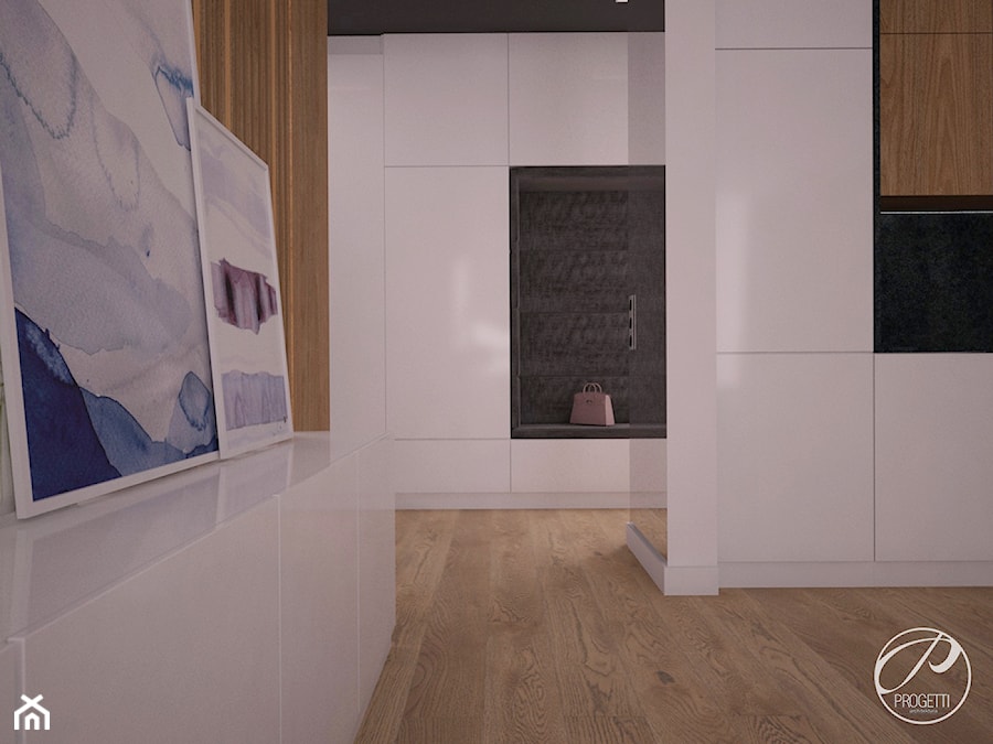Apartament z drewnianą ścianą - Hol / przedpokój, styl nowoczesny - zdjęcie od Progetti Architektura