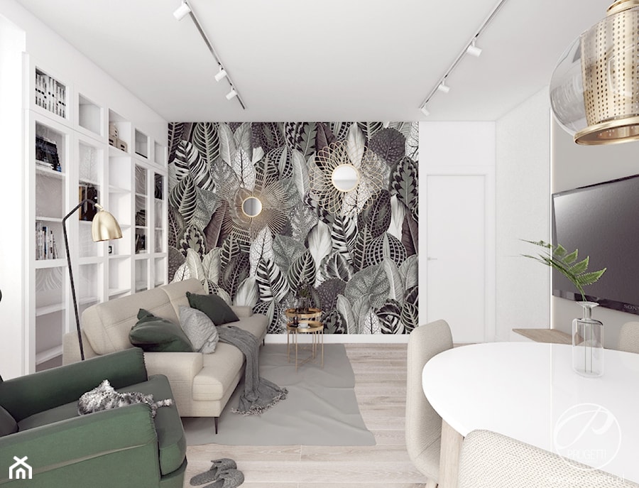 Apartament w jasnych barwach - Średni szary salon z jadalnią, styl nowoczesny - zdjęcie od Progetti Architektura
