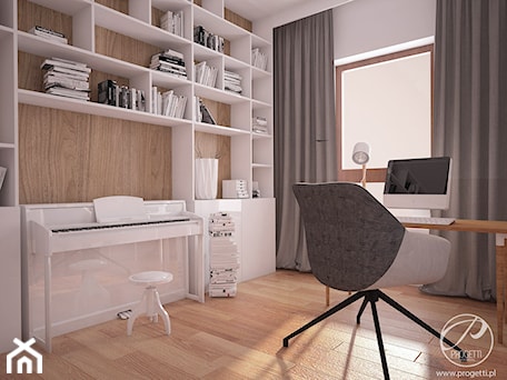 Aranżacje wnętrz - Biuro: Apartament dla rodziny - Średnie białe biuro, styl nowoczesny - Progetti Architektura . Przeglądaj, dodawaj i zapisuj najlepsze zdjęcia, pomysły i inspiracje designerskie. W bazie mamy już prawie milion fotografii!
