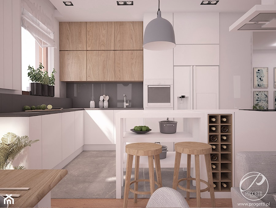 Apartament dla rodziny - Duża otwarta z zabudowaną lodówką kuchnia w kształcie litery l z wyspą lub półwyspem z oknem, styl nowoczesny - zdjęcie od Progetti Architektura