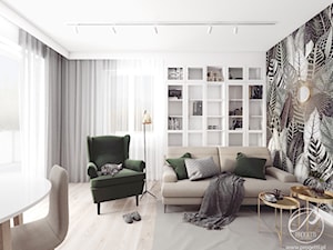 Apartament w jasnych barwach - Średni biały salon z tarasem / balkonem z bibiloteczką, styl nowoczesny - zdjęcie od Progetti Architektura
