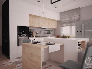 Mieszkanie dla dwojga - Duża otwarta z salonem szara z zabudowaną lodówką z lodówką wolnostojącą kuchnia w kształcie litery l z wyspą lub półwyspem z oknem, styl skandynawski - zdjęcie od Progetti Architektura