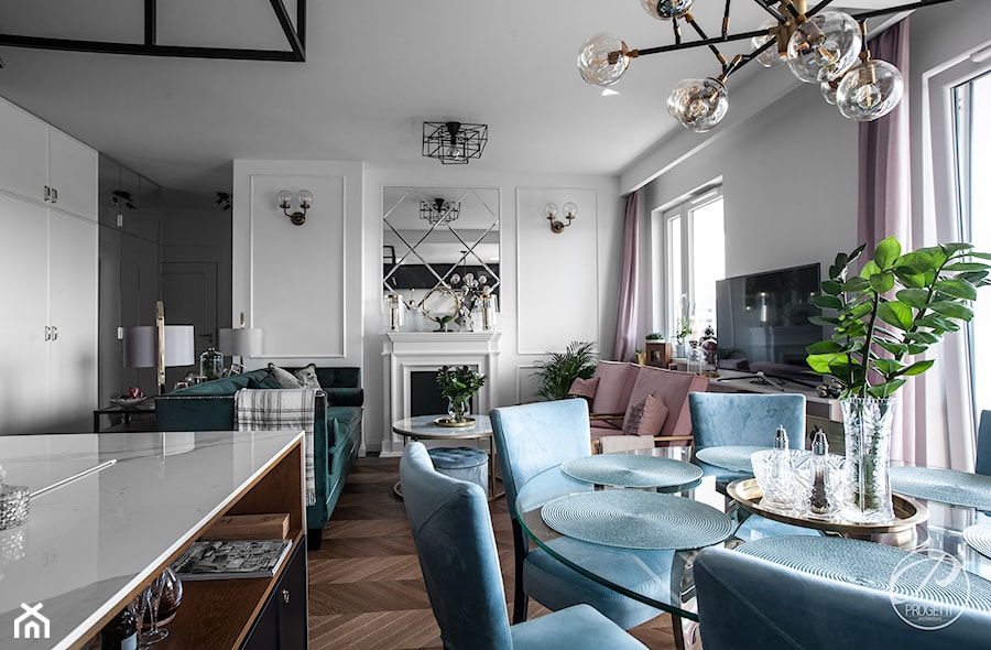Apartament w stylu nowojorskim - realizacja - Średni biały salon z kuchnią z jadalnią, styl glamour - zdjęcie od Progetti Architektura