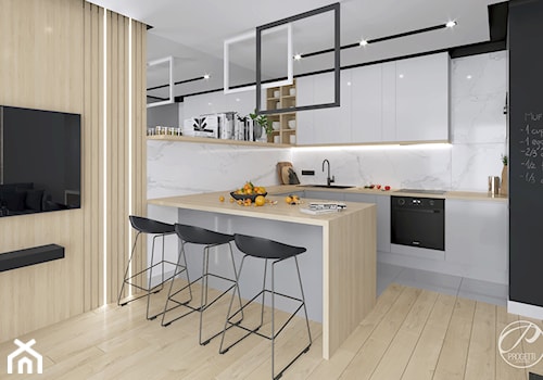 Apartament dla dwojga - Średnia z salonem beżowa biała czarna z zabudowaną lodówką z podblatowym zlewozmywakiem kuchnia w kształcie litery g z wyspą lub półwyspem, styl nowoczesny - zdjęcie od Progetti Architektura
