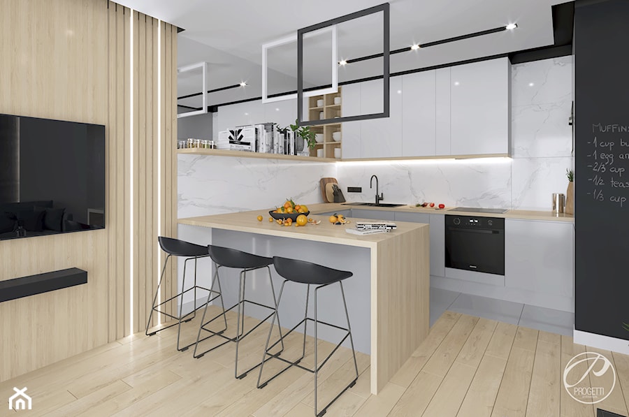 Apartament dla dwojga - Średnia z salonem beżowa biała czarna z zabudowaną lodówką z podblatowym zlewozmywakiem kuchnia w kształcie litery g z wyspą lub półwyspem, styl nowoczesny - zdjęcie od Progetti Architektura