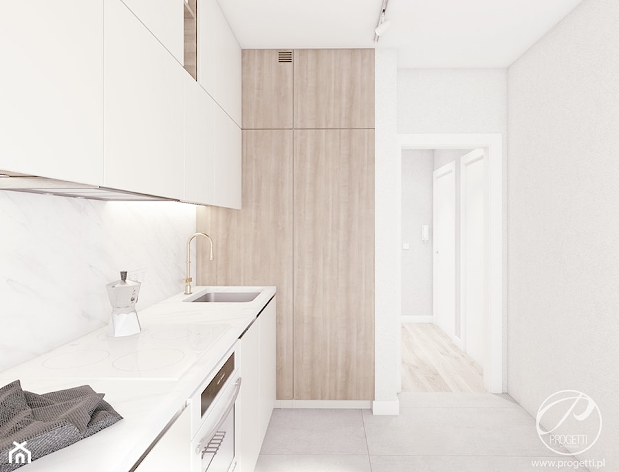Apartament w jasnych barwach - Średnia zamknięta z kamiennym blatem szara z zabudowaną lodówką z podblatowym zlewozmywakiem kuchnia jednorzędowa z marmurem nad blatem kuchennym, styl nowoczesny - zdjęcie od Progetti Architektura
