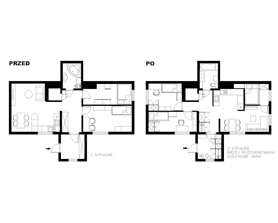 Rzut domu "przed" i "po" przebudowie. - zdjęcie od Interio-Desi Pracownia Projektowa
