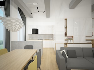 Aranżacja wnętrza mieszkalnego - Średnia z salonem biała szara z zabudowaną lodówką z podblatowym zlewozmywakiem kuchnia w kształcie litery l z wyspą lub półwyspem z oknem, styl nowoczesny - zdjęcie od ROARHIDE Industrial Designs