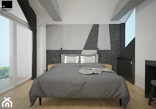Aranżacja wnętrza mieszkalnego - Średnia czarna szara z biurkiem sypialnia na poddaszu z balkonem / tarasem, styl nowoczesny - zdjęcie od ROARHIDE Industrial Designs