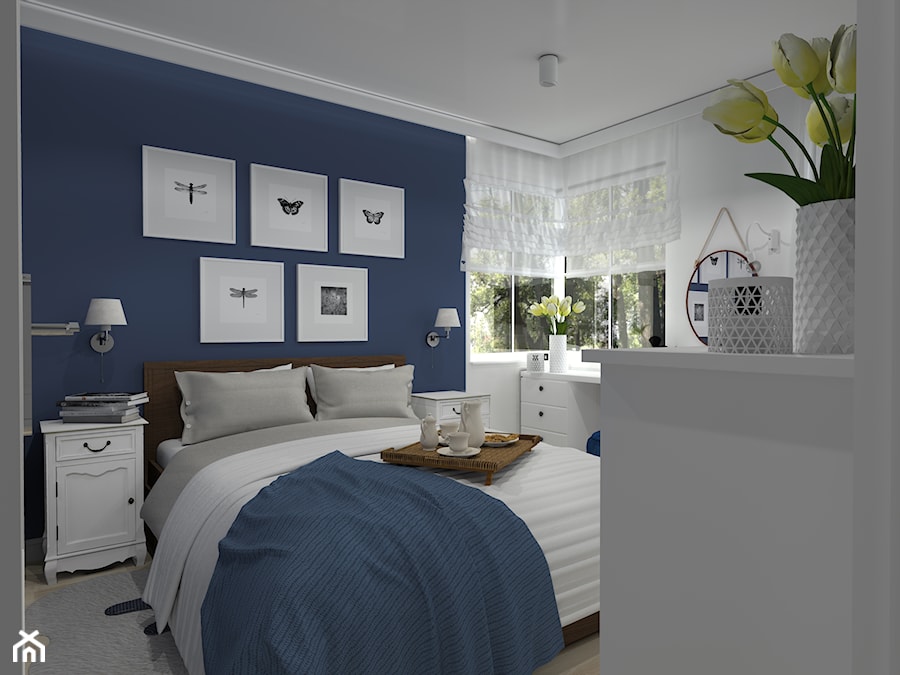 Elegancki Haber_Pyskowice - Średnia biała niebieska z biurkiem sypialnia - zdjęcie od INFORMA Pracownia Architektury Wnętrz