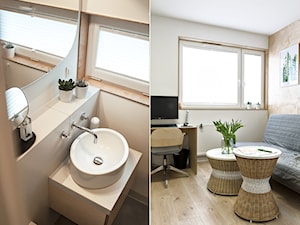 Mieszkanie w sklejce - Mała na poddaszu łazienka z oknem, styl nowoczesny - zdjęcie od Labezka Designers