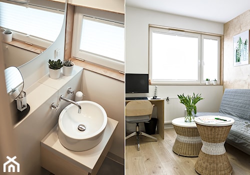 Mieszkanie w sklejce - Mała na poddaszu łazienka z oknem, styl nowoczesny - zdjęcie od Labezka Designers