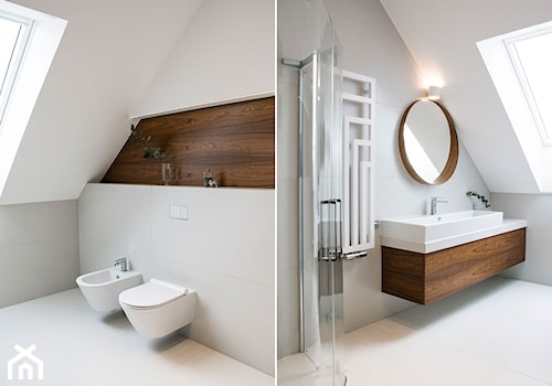 Dom łączący szarość z miedzią - Duża na poddaszu łazienka z oknem, styl nowoczesny - zdjęcie od Labezka Designers