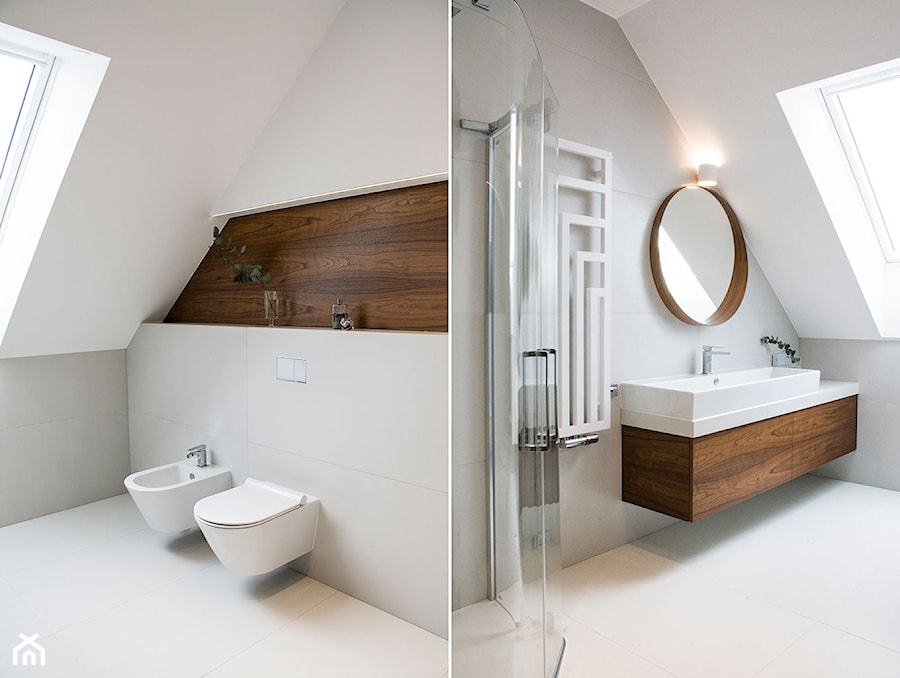 Dom łączący szarość z miedzią - Duża na poddaszu łazienka z oknem, styl nowoczesny - zdjęcie od Labezka Designers