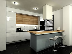 Industrialny gocław - Średnia otwarta z salonem biała z zabudowaną lodówką kuchnia w kształcie litery g z kompozytem na ścianie nad blatem kuchennym, styl nowoczesny - zdjęcie od Premiere Design