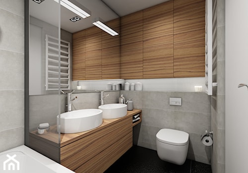 Industrialny gocław - Średnia bez okna z dwoma umywalkami z punktowym oświetleniem łazienka - zdjęcie od Premiere Design