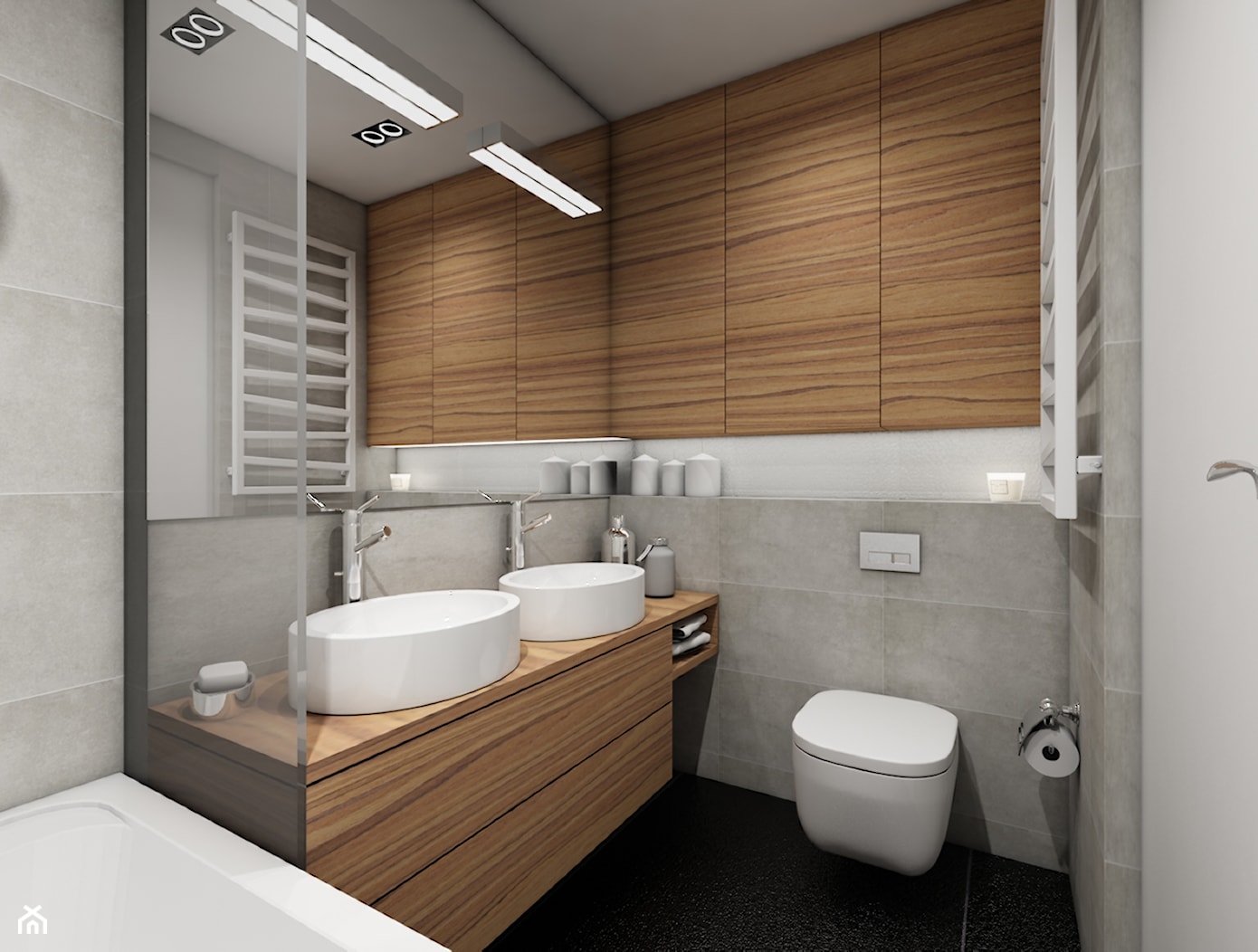 Industrialny gocław - Średnia bez okna z dwoma umywalkami z punktowym oświetleniem łazienka - zdjęcie od Premiere Design - Homebook