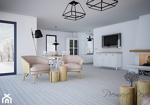 Dom letni - Duży biały salon z jadalnią, styl rustykalny - zdjęcie od Premiere Design