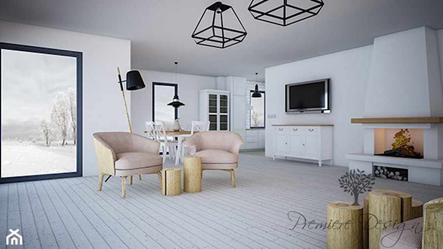 Dom letni - Duży biały salon z jadalnią, styl rustykalny - zdjęcie od Premiere Design