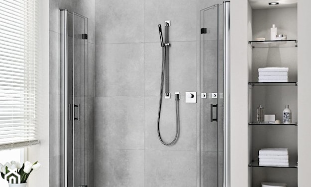 kabina prysznicowa walk-in, szklane półki w łazience, nowoczesna łazienka