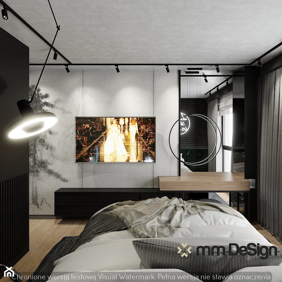 Sypialnia z czarną cegłą. MM DeSign. Projektowanie wnętrz Małgorzata Mazur. - zdjęcie od MM DeSign Małgorzata Mazur