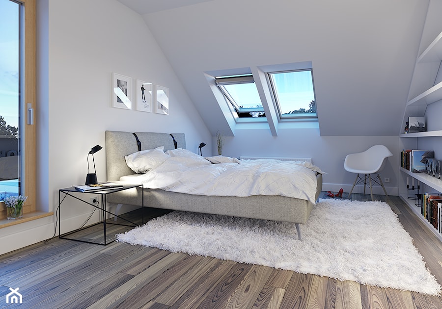 PRAKTYCZNY 3A - niewielki dom z poddaszem użytkowym - Średnia biała sypialnia na poddaszu z balkonem / tarasem, styl skandynawski - zdjęcie od DOMY Z WIZJĄ - nowoczesne projekty domów
