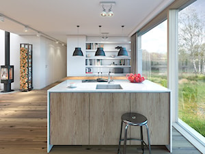 RODZINNY 2 - projekt domu z antresolą - Średnia otwarta biała z podblatowym zlewozmywakiem kuchnia jednorzędowa z wyspą lub półwyspem, styl skandynawski - zdjęcie od DOMY Z WIZJĄ - nowoczesne projekty domów