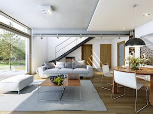 ATRAKCYJNY 3A - nowoczesny dom z poddaszem użytkowym - Średni biały salon z jadalnią z tarasem / balkonem, styl minimalistyczny - zdjęcie od DOMY Z WIZJĄ - nowoczesne projekty domów